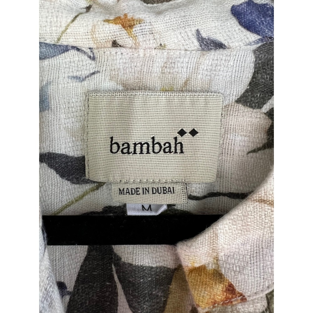Bambah Floral Linen Balloon Sleeve Tiered Midi Dress Medium Ivory Blue Green - Picture 3 of 7